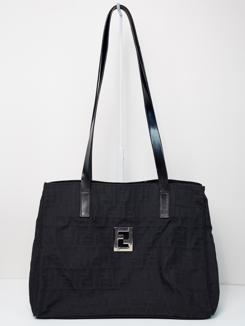 Vintage Fendi 2000 Zucca FF Monogram Black Canvas Leather Shoulder Tote Bag